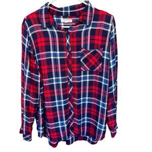 Beach Lunch Lounge Flannel Shirt Womens Plus Size 1X Plaid Rayon Button Up